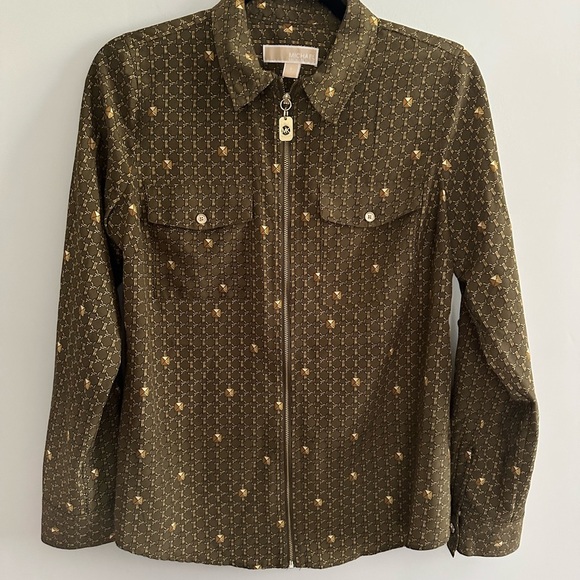 Michael Kors Tops - Michael Kors Olive Patterned Blouse with Collared Neckline